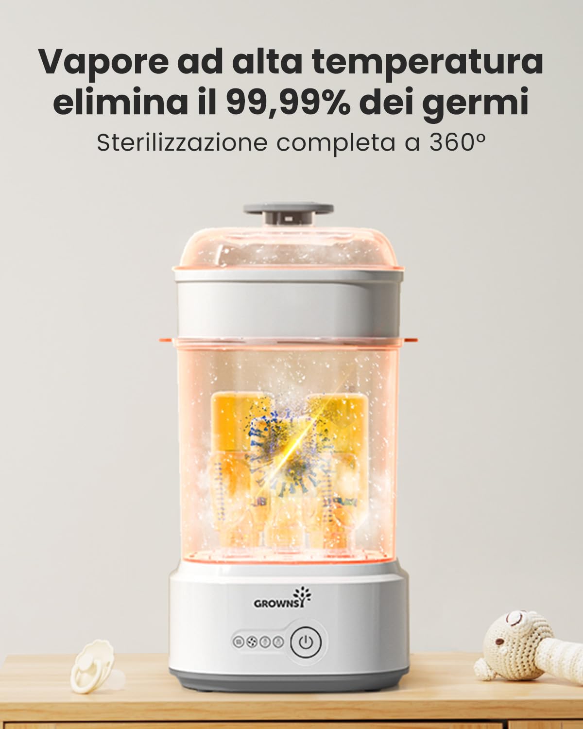 Grownsy Sterilizzatore Biberon con Asciugatura, Sterilizzatore Elettrico a Vapore Compatto per Biberon, Ciucci, Parti del Tiralatte