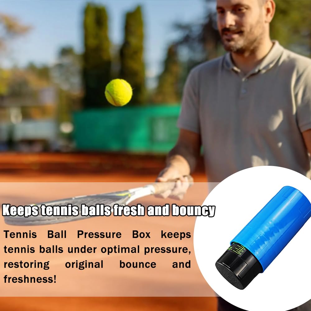 Presurizador de pelotas de tenis y caja de almacenamiento, 14 PSI, restaura 3 pelotas de tenis a un rebote como nuevo, azul