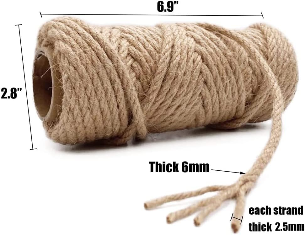 Hemp Rope 66 Feet 6mm 4Ply Durable Natural Rope String Perfect for Home Gardening Cat Scratching Post Replacement Arts Crafts Repairing Recovering or DIY Scratcher Cats Toy Making