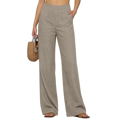 Summer Linen Pants for Women Wide Leg Elastic Waist Casual
