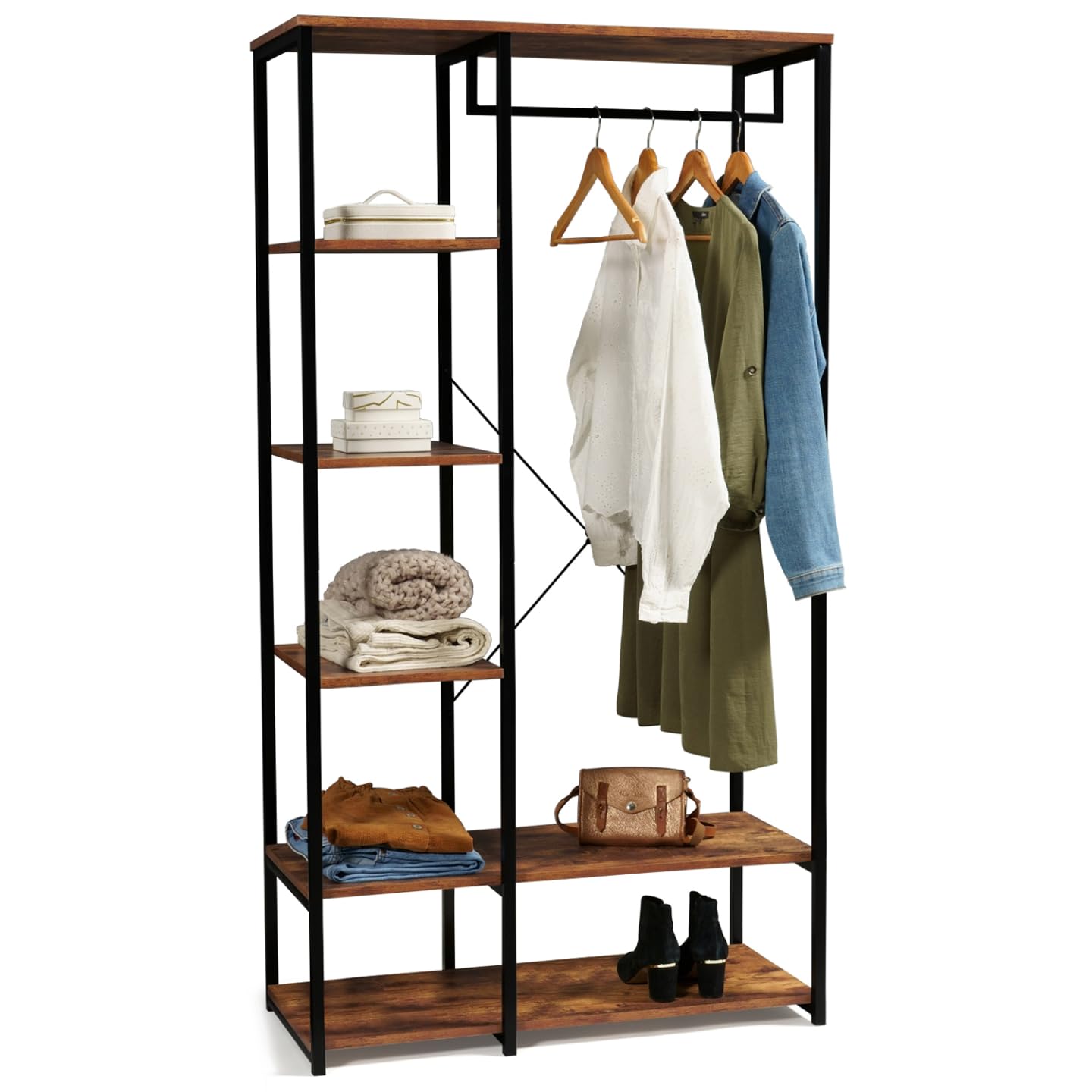 IDMarket - Vestidor armario estantes L. 90 cm HAWKINS madera oscura diseño industrial