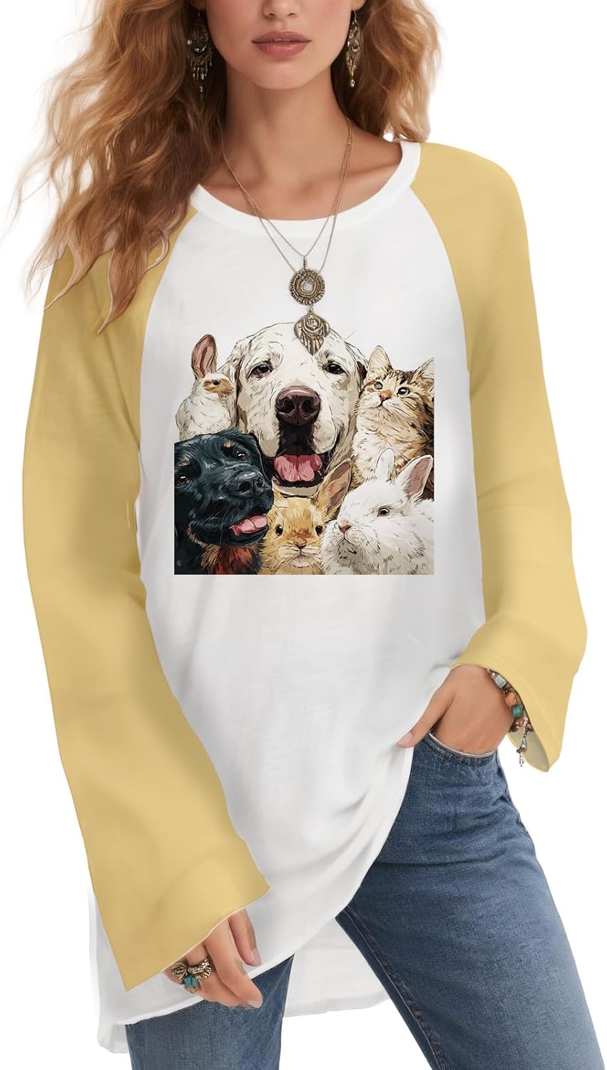 Womens Long Sleeve Loose Blouse Deer Crane Floral Print Casual Tunic Top Round Neck Lightweight Fall Winter
