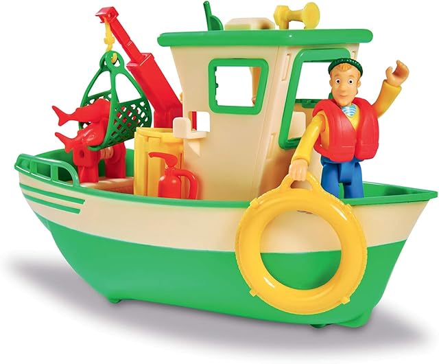 Smoby 109251074002 Fireman Sam  Floating Fishing Boat  Mobile Crane + Mechanical Winch  1 Figure Included, Green