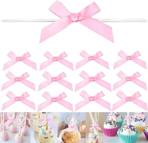 100 lazos rosados de 3 pulgadas para bolsas de golosinas, lazos de satén torcido, lazos preatados con alambre, lazos de cinta con lazos giratorios,