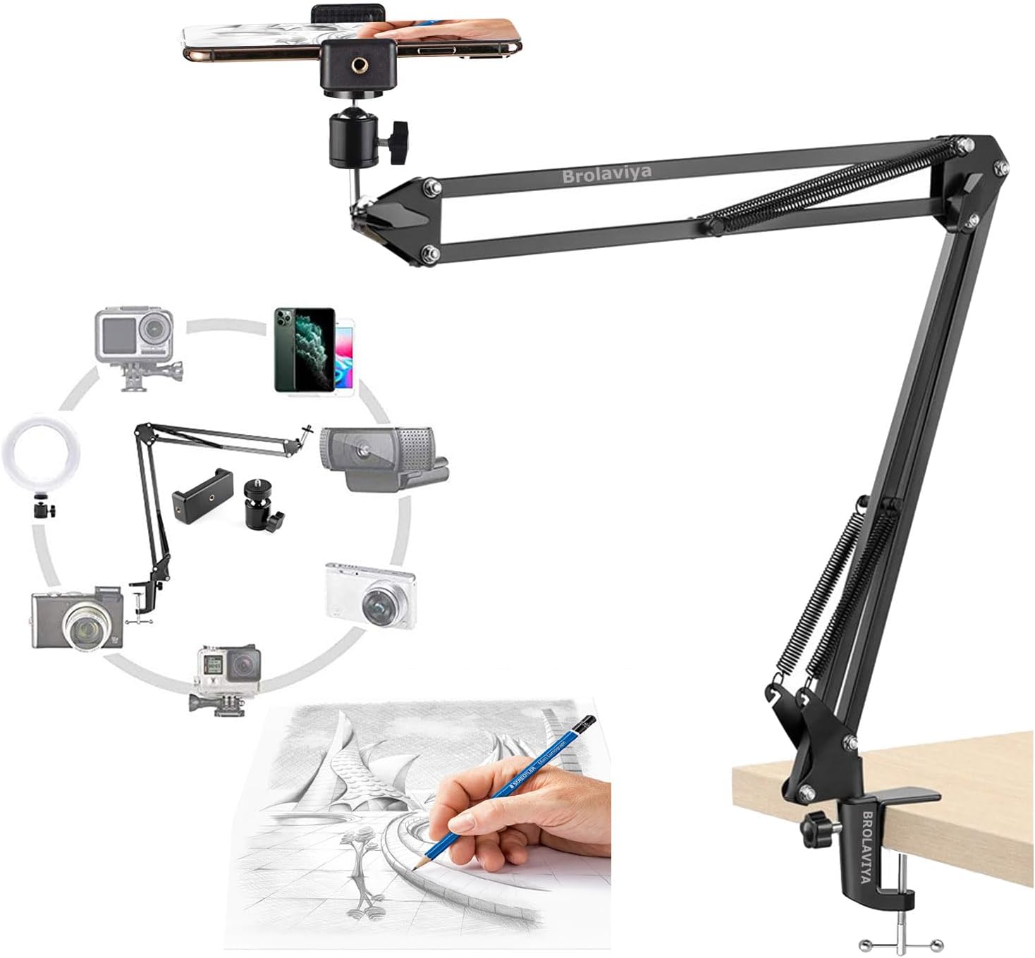 Overhead Video Mobile Stand, Metal Long Arm,1/4" Ball Head Male for Camera,Gopro Webcams,Mobile Bracket for Video,Desktop,Bedroom, Office, Table Mount, Black