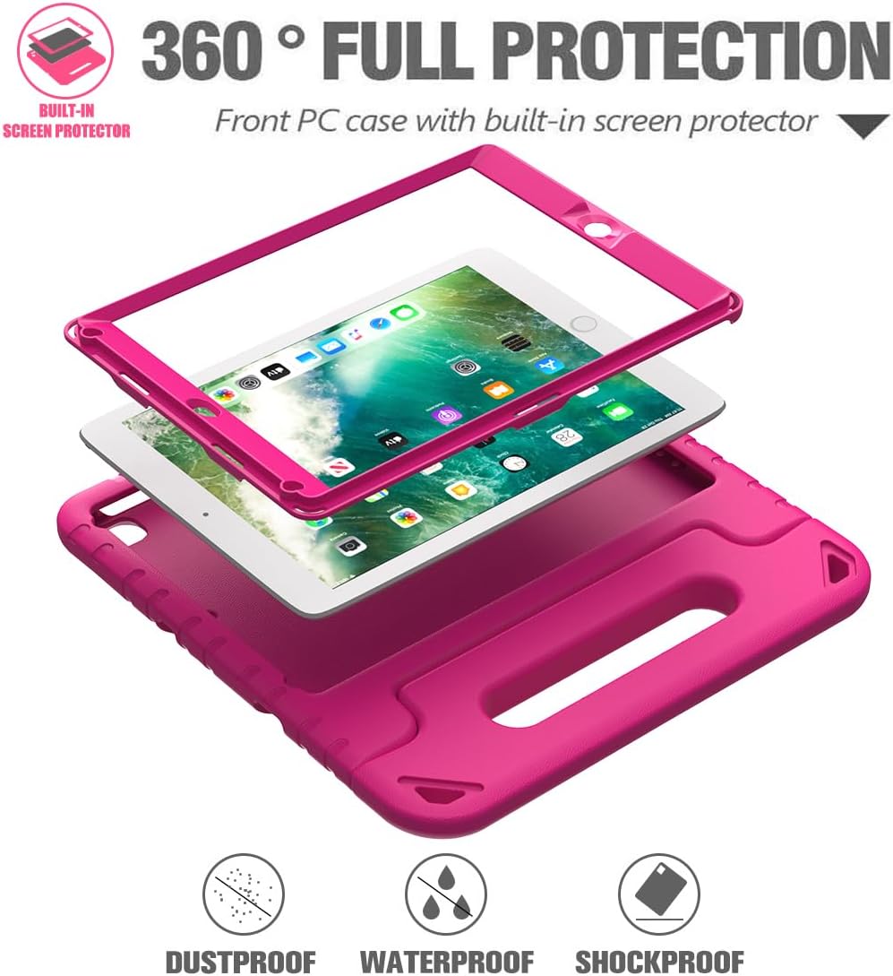 AVAWO Kids Case for iPad 9.7 2017/2018 & iPad Air 2 with Built-in Screen Protector - Light Weight Shock Proof Convertible Handle Stand Friendly Kids Cover for 9.7 iPad 5th & 6th Gen, Magenta/Rose