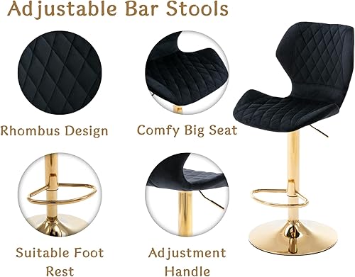 Miniatura 5 de Juego de 2 taburetes giratorios de bar ajustables con base dorada, terciopelo moderno para isla de cocina, comedor, bar en casa, negro, terciopelo