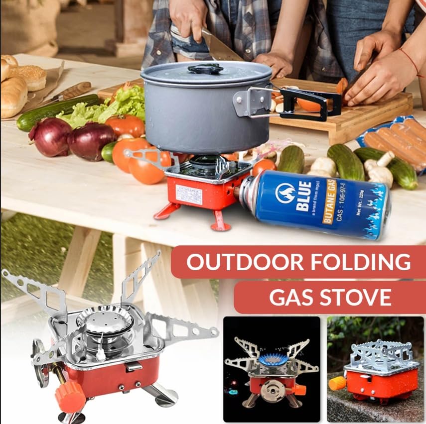 Image of camping stove with cylinder | camping gas stove | Camping Stove - 2800W Ultra-Light Picnic Cooking Gas Burner, Folding Emergency Stainless Steel (Stove + 4 Butane)