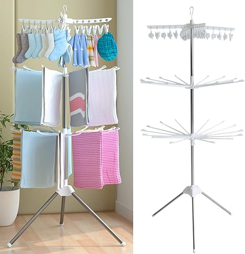 Miniatura 7 de Estante de secado de ropa plegable de 3 niveles, trípode plegable, organizador de almacenamiento de ropa, para uso en interiores y exteriores,