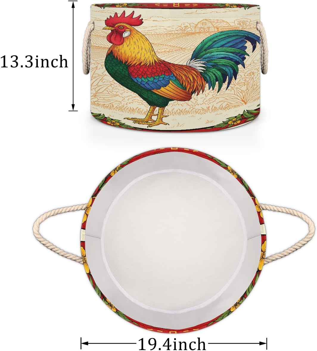 Large Storage Baskets - Rooster Farm Nursery Round Collapsible Organizer Bin Box, Laundry Hamper for Kids Toys, Blanket, Bedroom Living Room Home Decor, Gift Basket, 19.4"x13.3"
