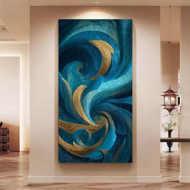 Cuadro azul y dorado abstracto de 20x35cm, decoración elegante de pared para salón