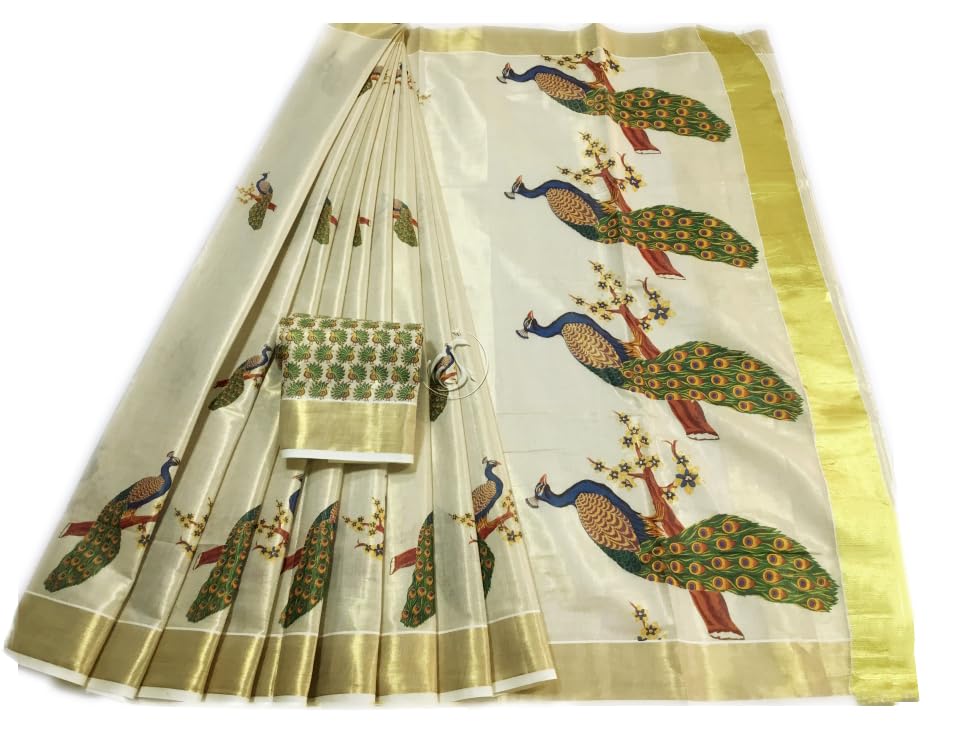 Image of Women's Mural Printed Kerala Gold Tissue Saree with Running Blouse Piece | Traditional South Indian Ethnic Saree for Festivals, Weddings & Special Occasions
