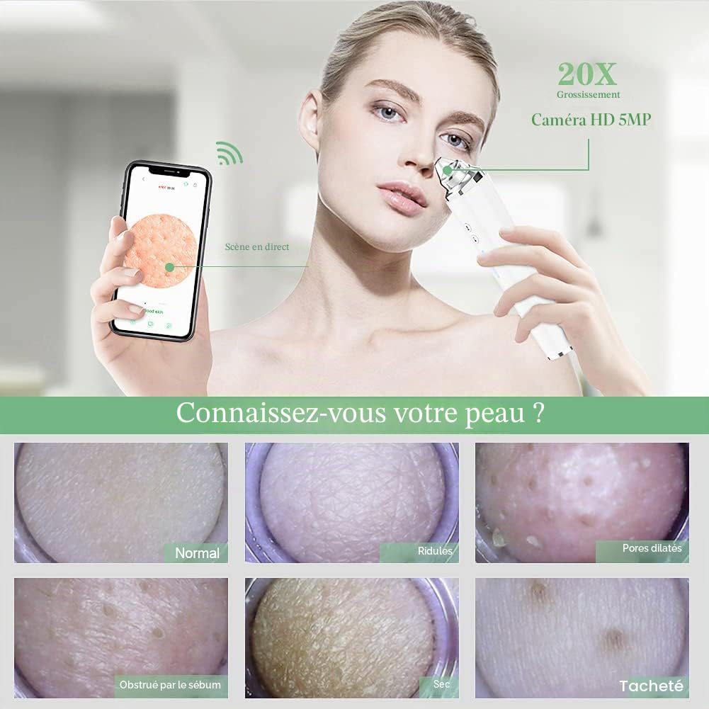 Aspirateur Point Noir, prabensei Nettoyant Pour Pores Du Visage Visible WIFI Amélioré Avec Caméra à Boutons Avec 6 Têtes d'aspiration Outil d'aspiration électrique Rechargeable