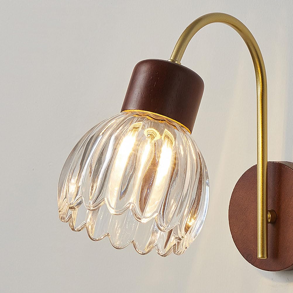 Drewniana lampa ścienna do wnętrz E27, vintage, kinkiet, złoty, z kloszem ze szkła kwiatowego, industrialna lampka nocna, dekoracyjna lampa ścienna w stylu retro do sypialni, salonu, stolika nocnego