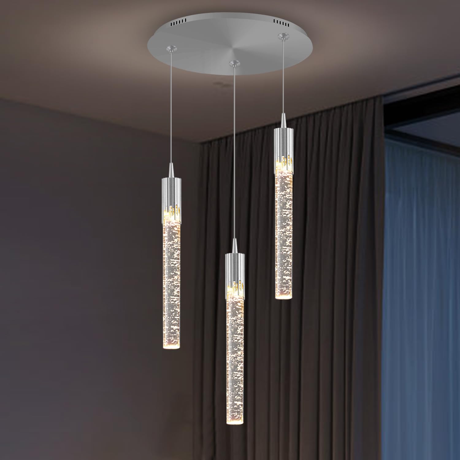 SYAXVOM Modern 3-Light Mini Chrome Crystal Chandelier - Adjustable Pendant Light for Kitchen Island Dining Room and Bedroom Dimmable 2700K/4500K/6000K