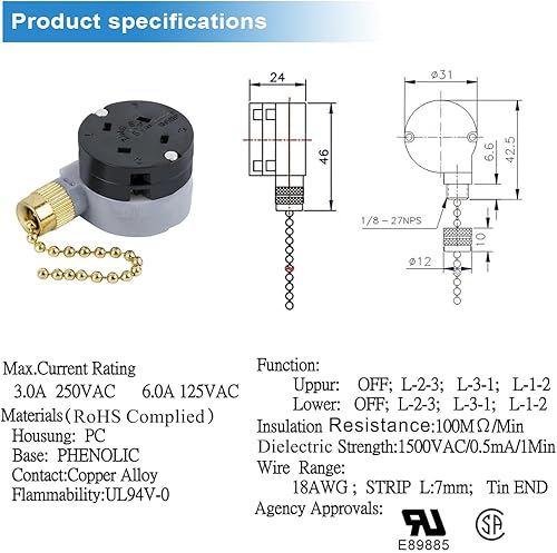 Miniatura 2 de Interruptor de ventilador de techo Zing Ear ZE-208D Control de 3 velocidades 5-8 Cable Pull Chain Switch Accesorios Ventiladores Pieza de repuesto