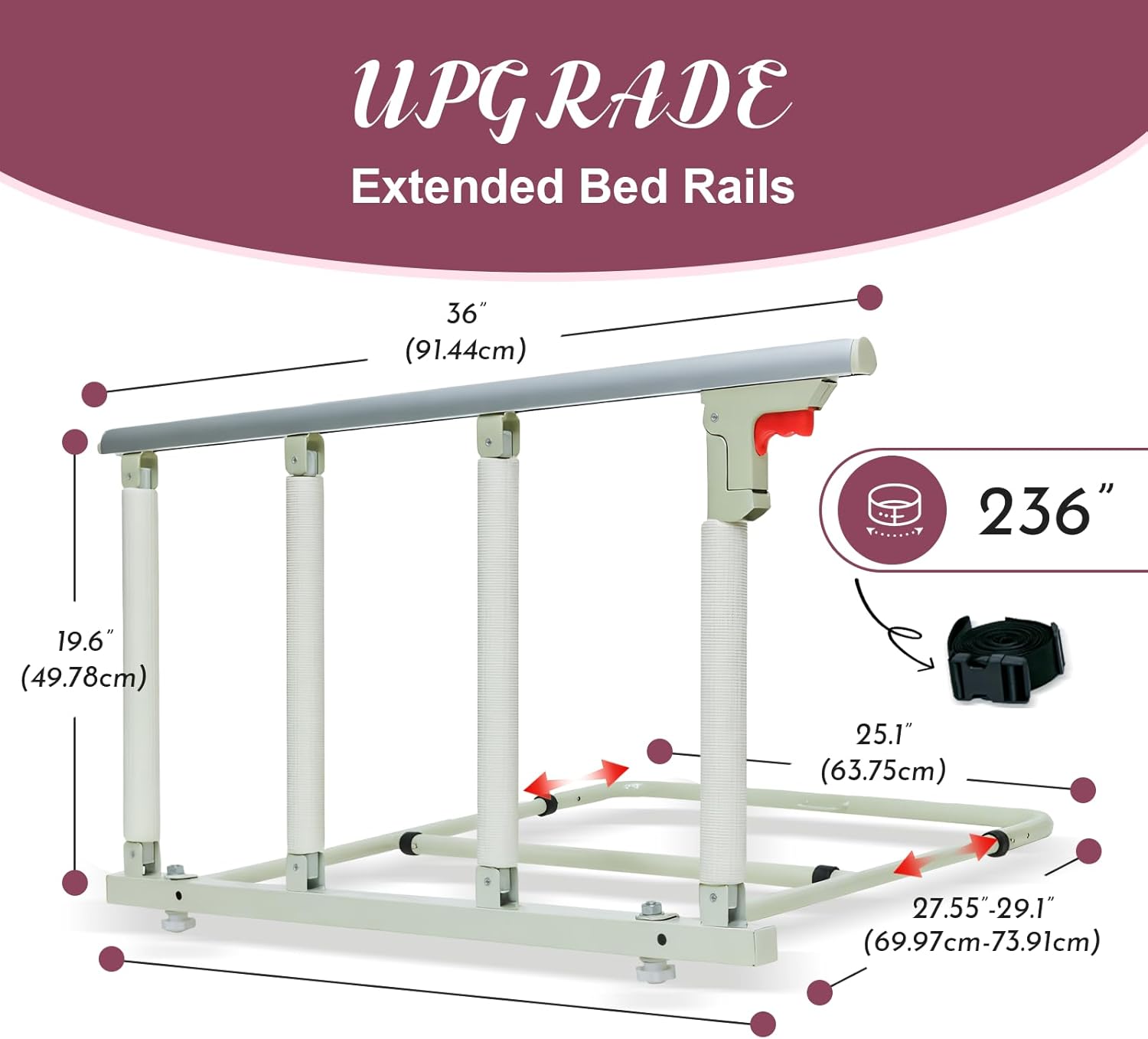 30? Folding Bed Rail–Safety Bed Rails for Elderly Adults (Twin–King,Tool-Free) Supports300lbs|Non-SlipStrap&FoamBase|180°Fold-DownDesign|Height17–21?Adjustable|PaddedGrip&OrganizerPouch