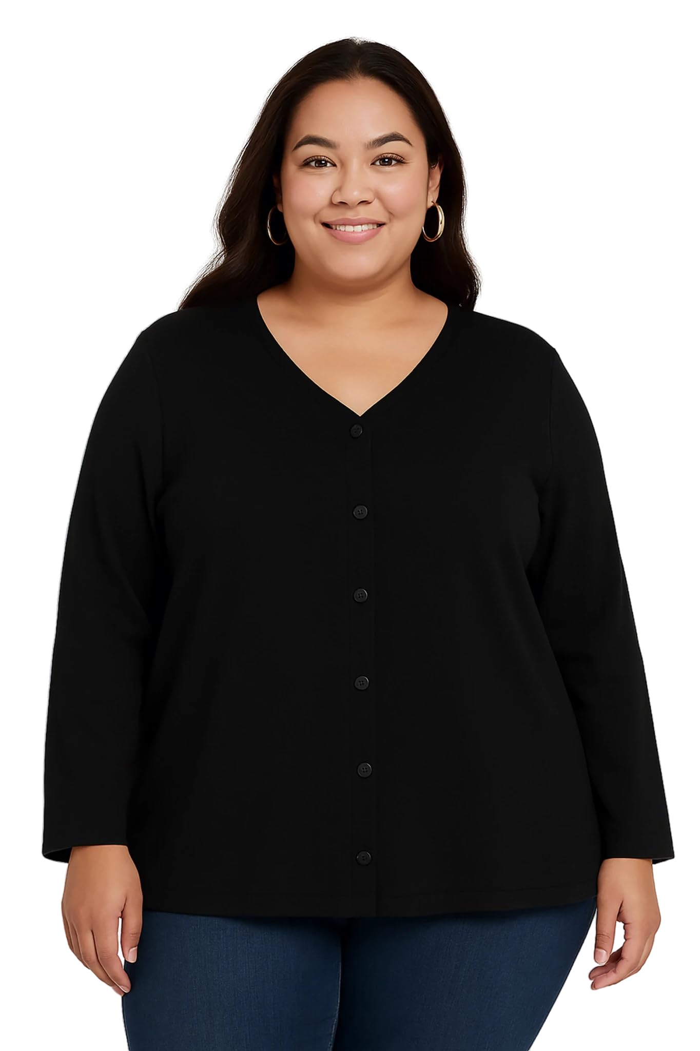 Women's Plus Size V-Neck Button Down Shirt, Black, Long Sleeve Casual Office Wear, Loose Fit, Collarless-picture-52