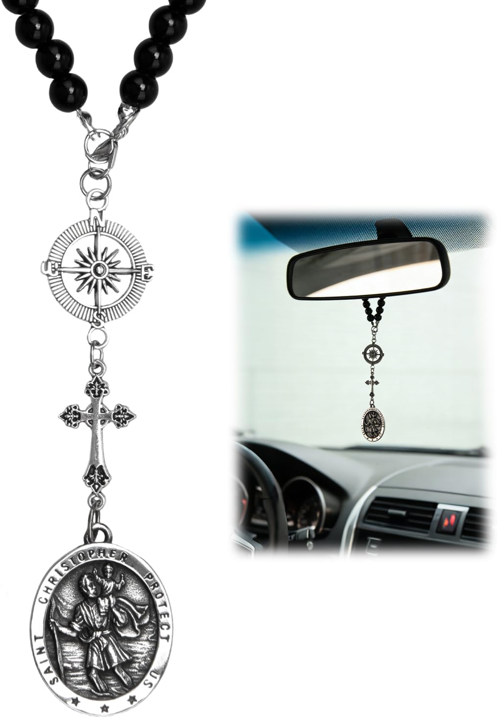 1 Pc St Christopher Car Rearview Mirror Decor Medal, Black Cross Hanging Car Rosary Charm, Travel Protection Charm