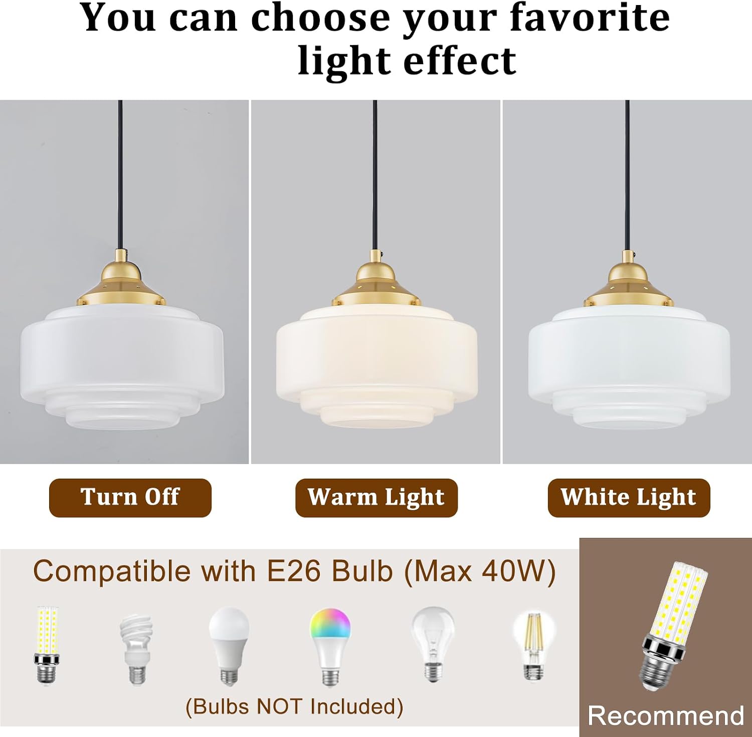 Milk Glass Pendant Light 9.84" Vintage Schoolhouse Chandelier Gold Mid Century Modern Pendant Lighting Fixture for Kitchen Island Dining Room Living Room Hallway, Adjustable Height (E26)