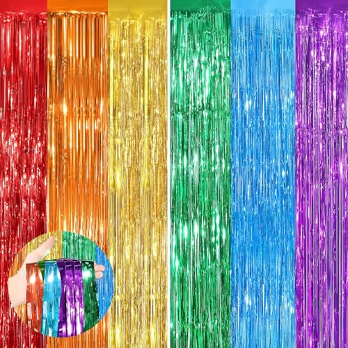 Image of Rainbow Fringe Curtain Party Streamers 4Pack 3.3 x 8.3 Ft Foil Fringe Backdrop Curtains for Birthday Wedding Bridal Baby Shower Holiday Tinsel Streamers Rainbow Party Decorations Door Streamer