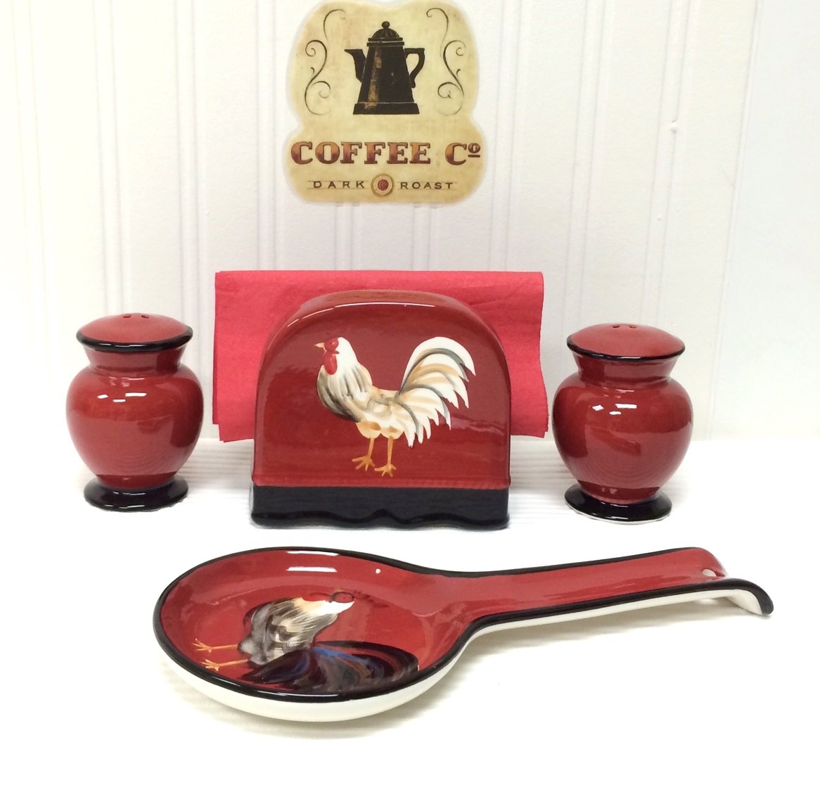Ceramic Tuscany Roamer Rooster Hand Painted Ceramic 4PCs Stove/Table Top Set, Pepper and Salt Shakers, Napkin Holder and Spoon Rest, Kitchen Décor