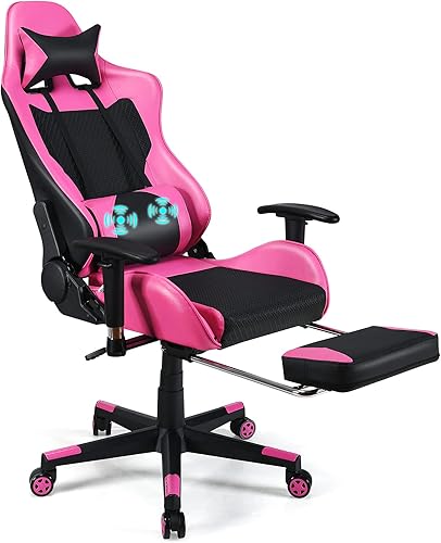 POWERSTONE Silla de juegos - Silla de jugador rosa con reposapiés, silla de computadora de deportes electrónicos de carreras, silla de masaje lumbar