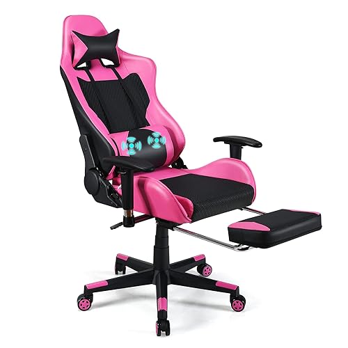 POWERSTONE Gaming Chair - Pink Gamer Chair with Footrest Racing Esports Computer Chair Massage Lumbar Support Leather Recliner - Pink
