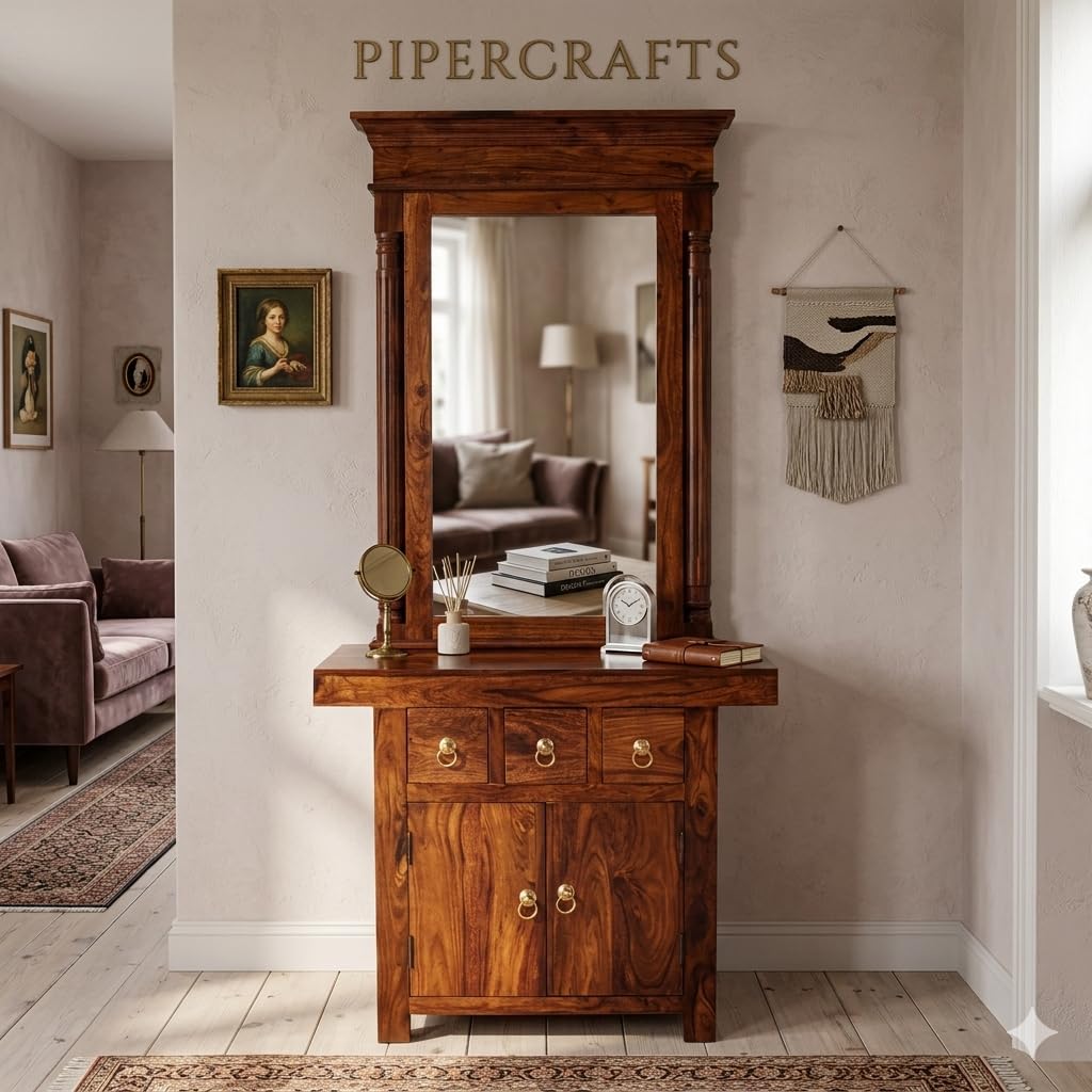 Sheesham Wood Dressing Table - Pre-Assembled - (Honey- Finish) | Bedroom Storage for Makeup & Accessories Organizer - with Mirror-image-10