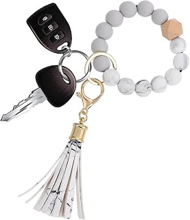 Silicone Keychain Bracelets, Beaded Wristlet Bangle Card Pocket Wallet Key Ring Car Key Bangle Chains with Leather Tassel for Women and Girls