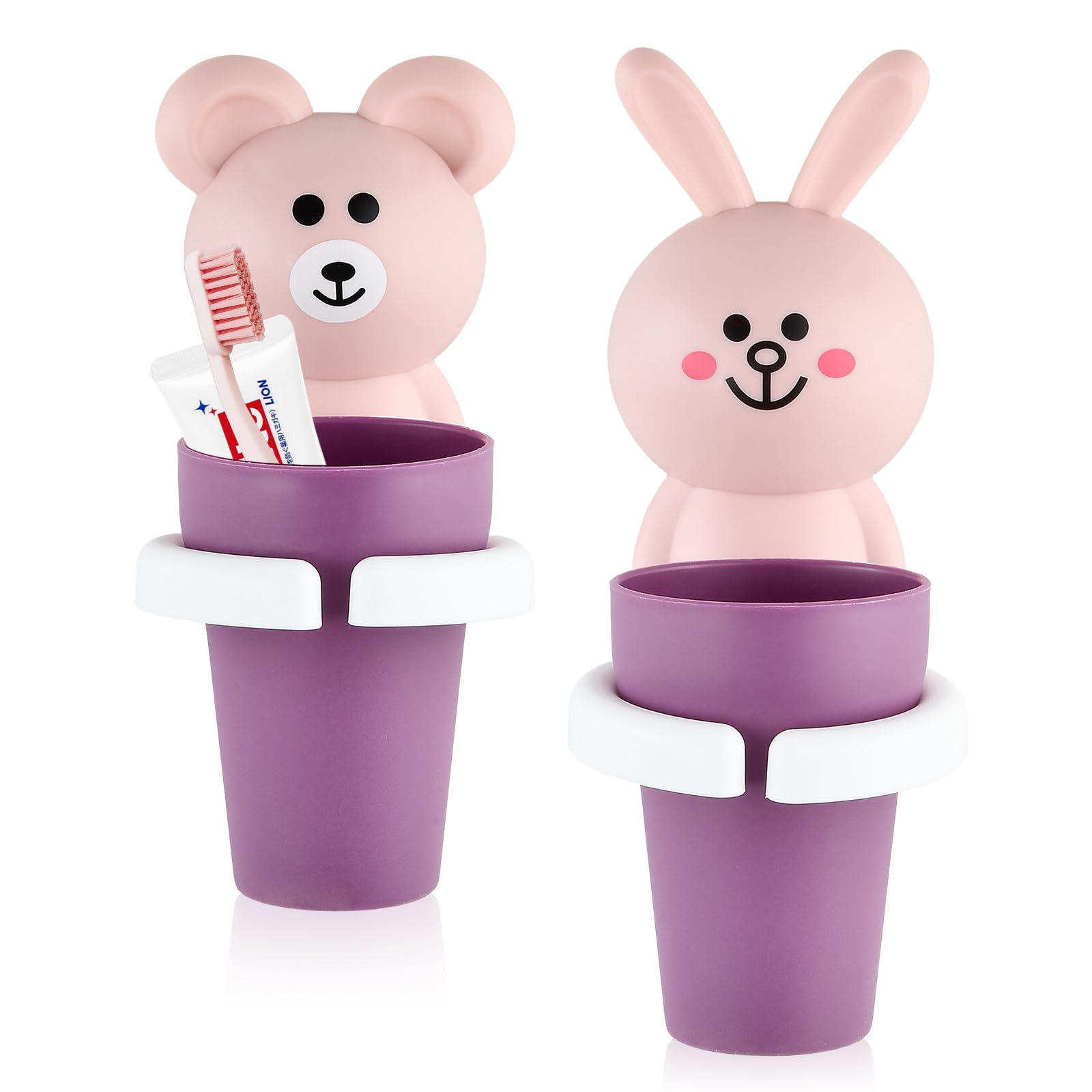 2 Stück Zahnbürstenhalter für Kinder, Zahnputzbecher Kinder ohne Bohren, Cartoon Zahnbecherhalter Wandmontierter, Niedliche Tier-geformte Zahnbürstenhalter Selbstklebend Wasserdicht (rosa)