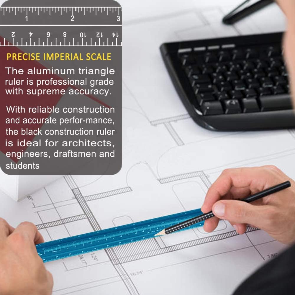 Architectural Scale Ruler, 12" Aluminum Architect Scale, Triangular Scale, Scale Ruler for Blueprint, Triangle Ruler, Drafting Ruler, Architect Ruler, Metal Scale Ruler, Architecture Ruler : Office Products