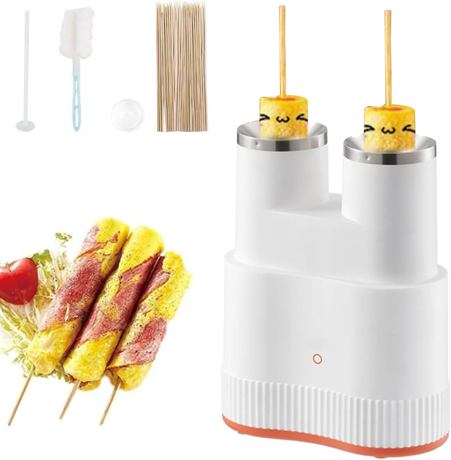 Electric Double Egg Roll Maker, Omelette Master Sausage Machine with Bamboo Sticks & Cleaning Tools, 6 Minutes Automatic Egg roll for Sausages, Hot Dogs white