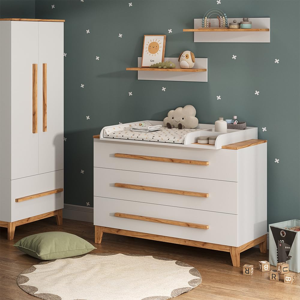 Vitalispa Przewijak "Malia", Biały/Artystyczny, 133.2 x 98 cm | z 3 szufladami, avec plan à langer amovible pour une utilisation comme commode