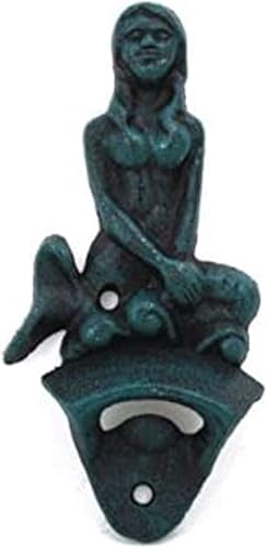 Hampton Nautical K-9115-Seaworn Seaworn Blule - Abrebotellas de sirena montado en la pared de hierro fundido de 6 pulgadas - Decoración vintage