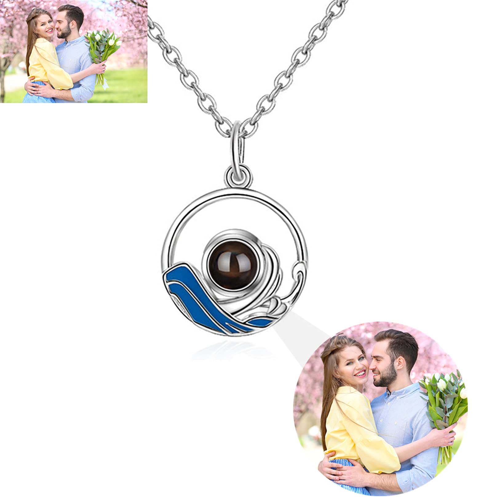 Collar de montaña con foto personalizada colgante de ola oceánica joyería de pareja
