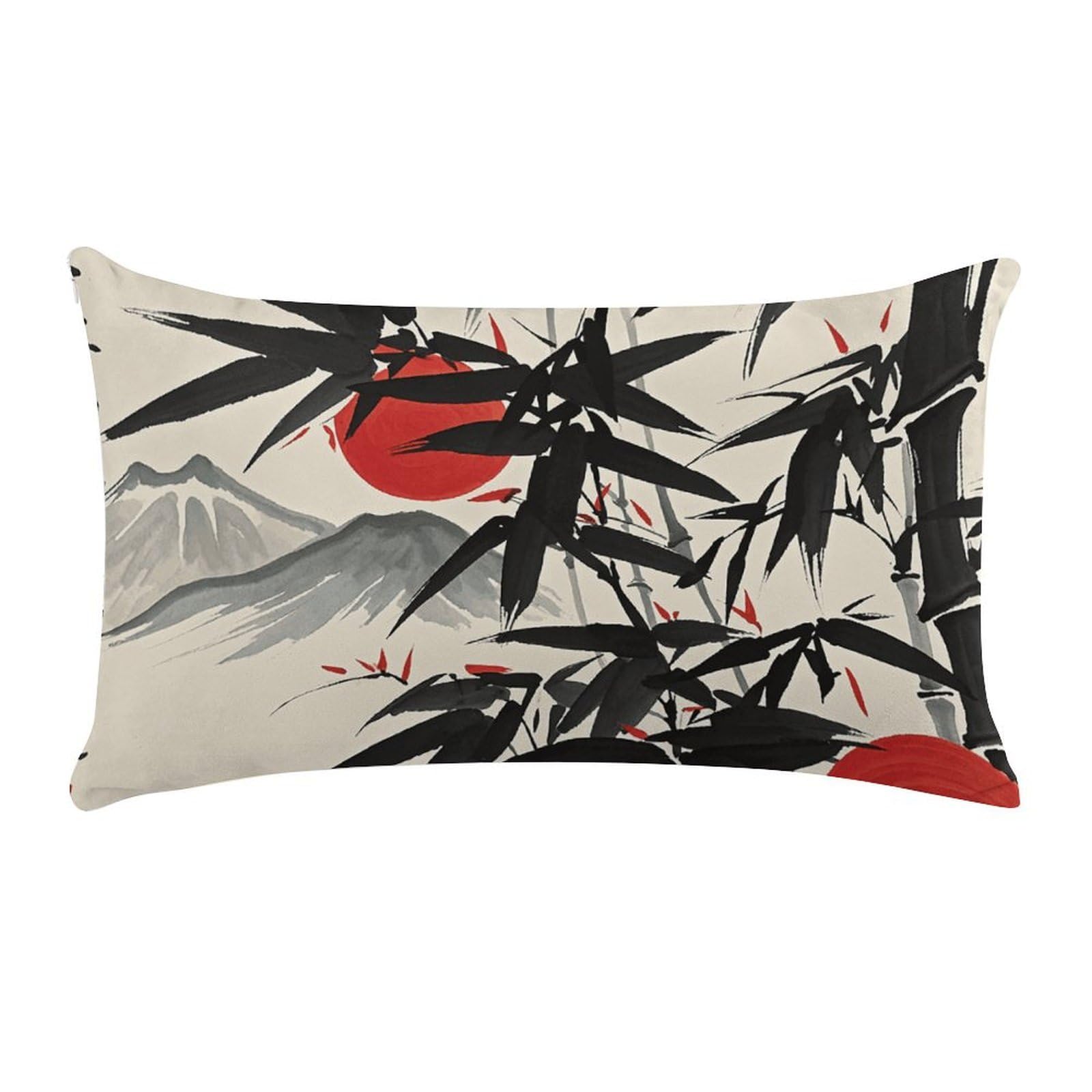 Ink Painting of Red Sun and Mountains Pillow Cases for Sofa, Super Soft Plush Pillow Cover with Zipper, Luxury Cozy Pillow Shams for All Seasons, Lightweight Pillowcases for Bedroom, 12" X 20"