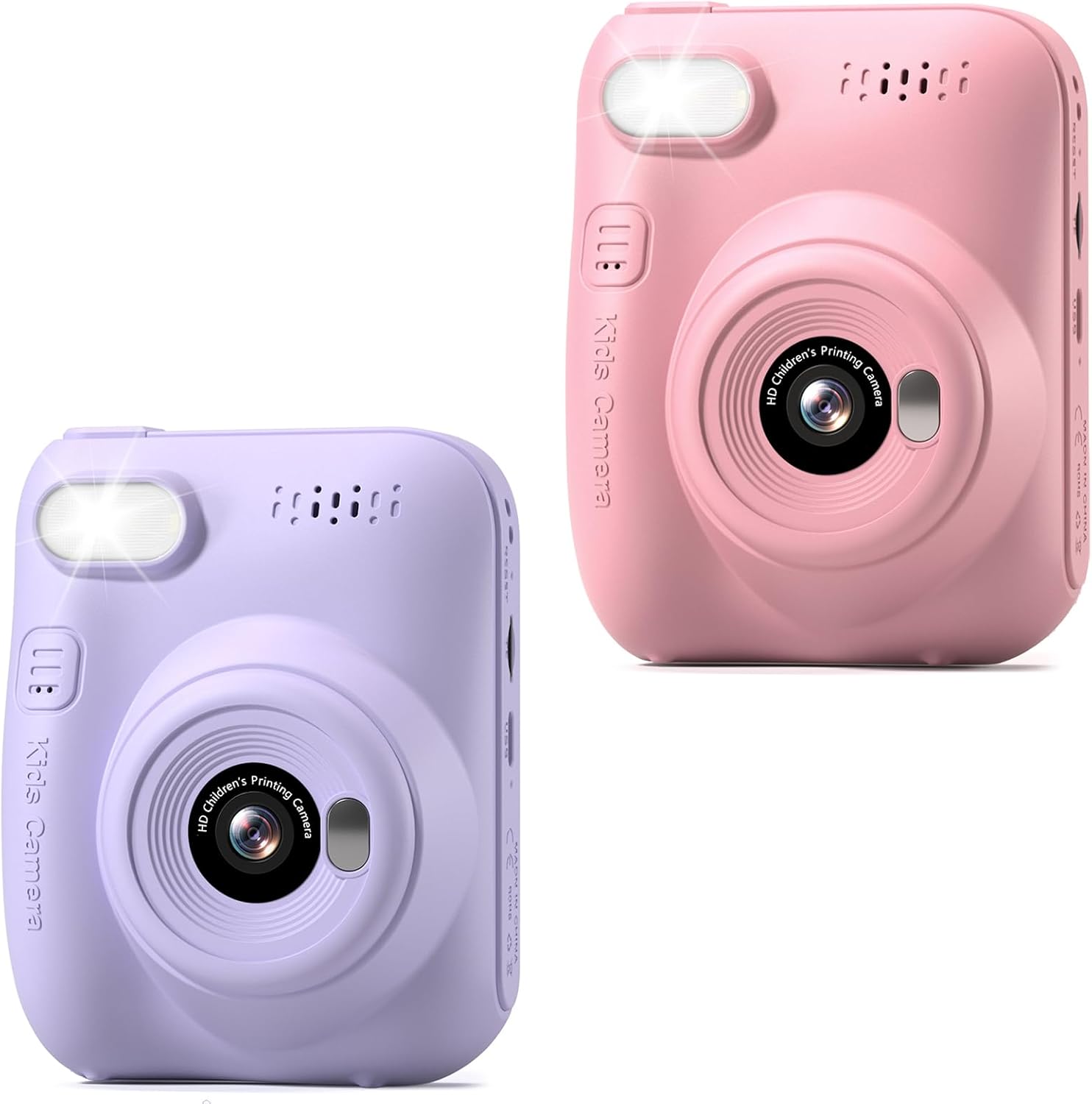 Фронт view of two Hangrui Kids Instant Print Digital Cameras, one purple and one pink, showing the lens, flash, and 'Kids Camera' branding.