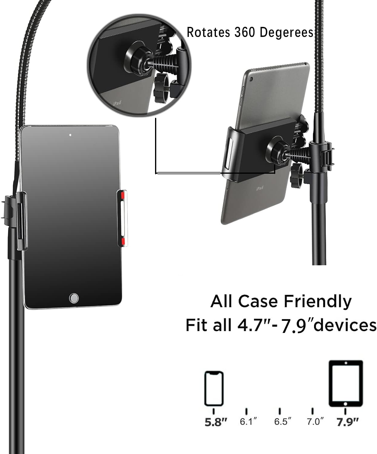 Microphone Stand Portable Mic Stand with Phone Holder,Detachable Gooseneck Mic Tripod - Adjusted Height From 3 to 6 Feet - with 2 Standard Mic Clips : Musical Instruments