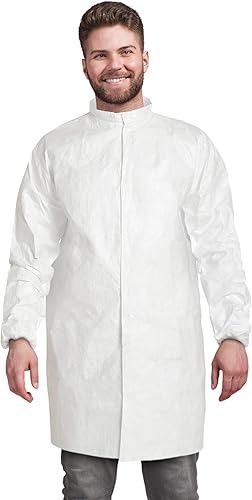 AMZ Disposable Lab Coat, Medium. Pack of 10 White Disposable Lab Coats for Adults. 60 GSM Microporous Disposable Coats Medical PPE with Elastic
