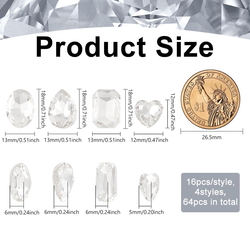 FINGERINSPIRE 64 Pcs 4 Shapes Pointed Back Rhinestone Glass Rhinestones Gems Clear Rectangle/Teardrop/Heart/Oval Crystal Jewels Embelishments with Silver Plated Back for DIY Craft Jewelry Making - Image 2