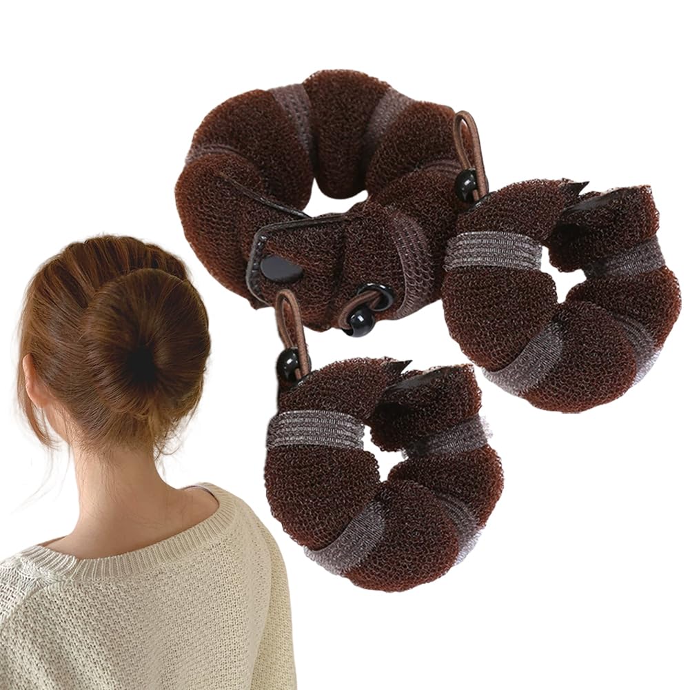 3Pcs Brown Magic Hair Styling Styler Hair Donut Bun Maker Former Sponge Buns Shaper Twist Ring Hair Curler Accessory for Women Ladies (1 Large+2 Small)