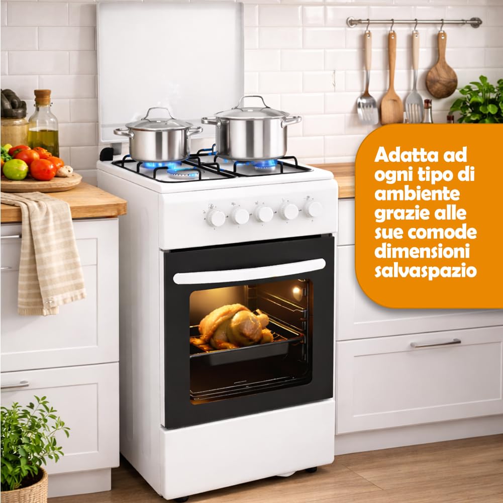 BAKAJI Cucina da Esterno Alimentazione a Gas con Forno e 4 Fuochi, Cucinino con Bruciatori e Griglie Rimovibili in Ghisa con Mobile e Accensione Ergonomica, Ideale per Esterni ed Interni (Bianco)