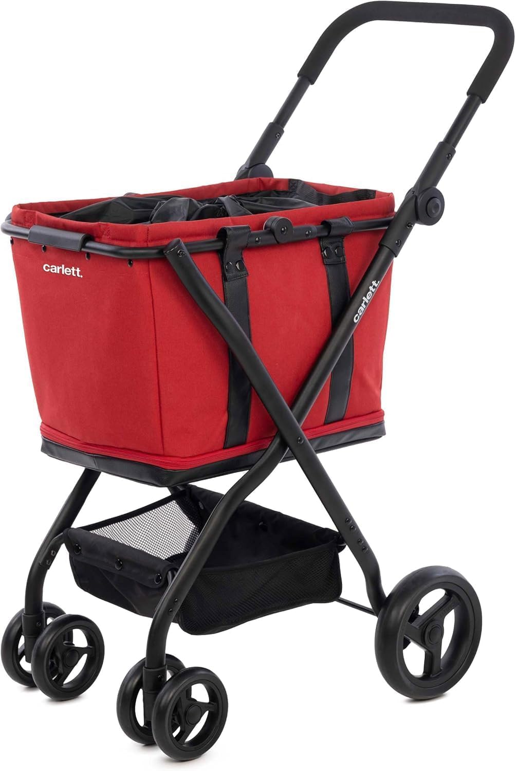 Carlett Einkaufstrolley mit 4 Rädern, faltbar, Tasche 50–75 L, höhenverstellbarer Griff, Sicherheitsbremse, Korb als Tragetasche nutzbar, wasserabweisend mit Regenüberzug – Cube S, Rot