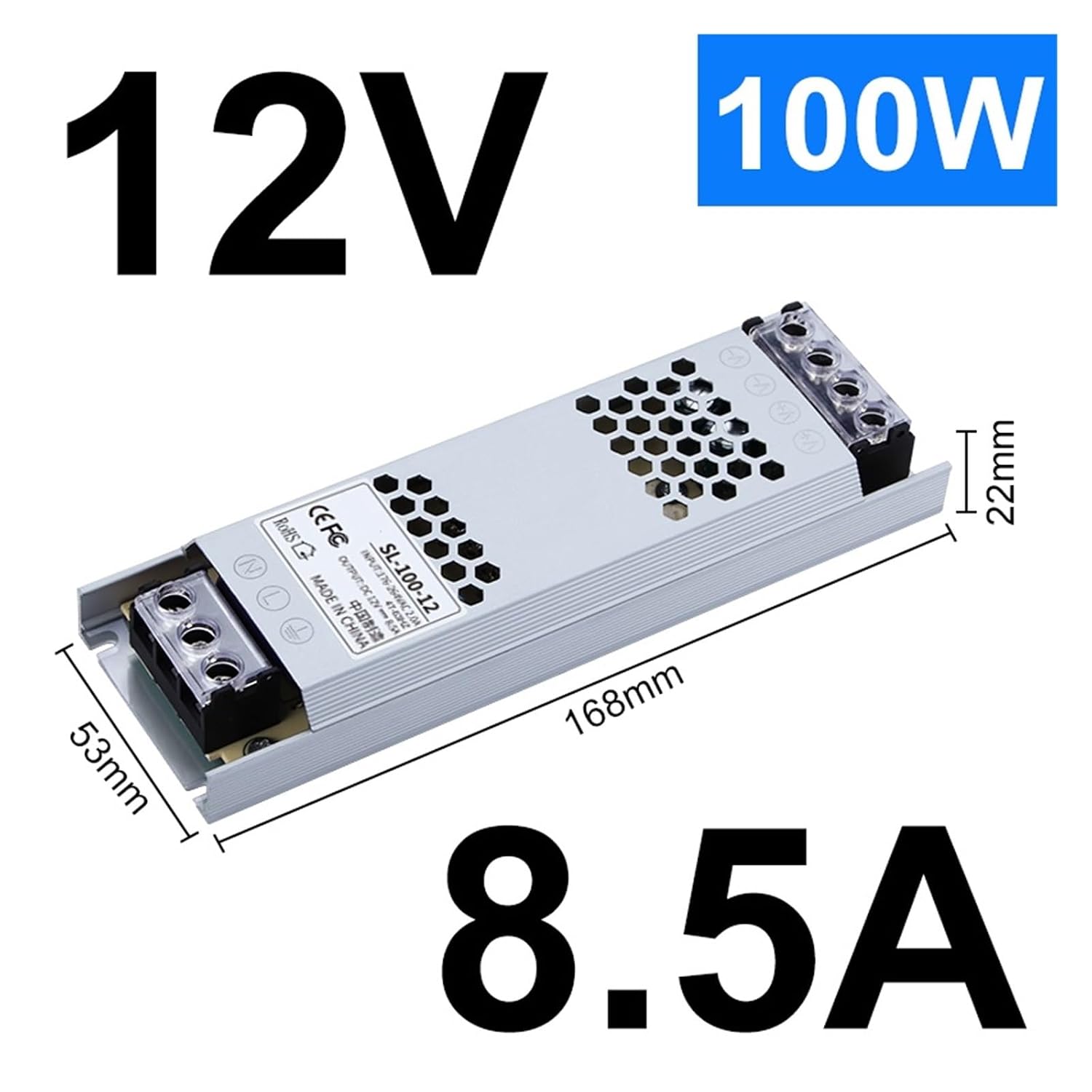 Long Strip Switching Power Supply 220 to 12v DC 24 Volt Advertising Plaque Door Headlight with Box Ultra-Thin Transformer(SL 100 12 12V8.5A Silent Model)