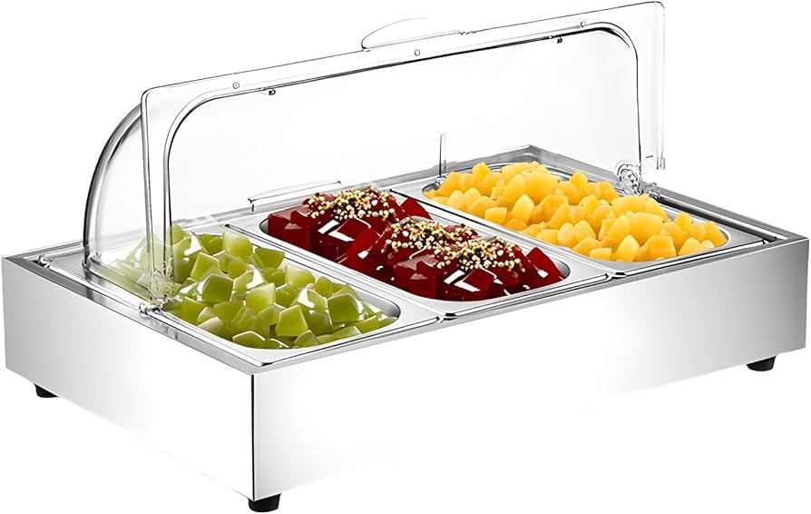 Amazon｜コールド チェーフィングディッシュ 3連 保冷 ＋保冷剤付き