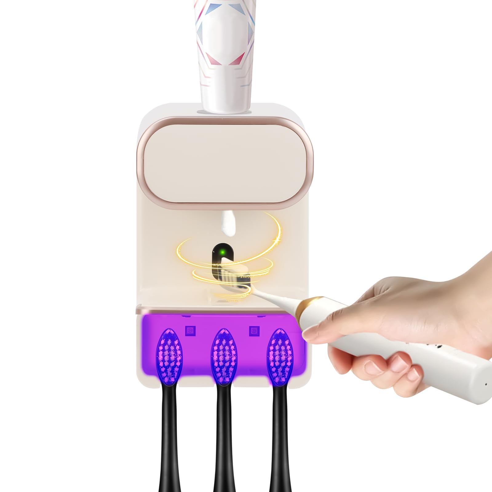Soporte para cepillo de dientes eléctrico con esterilización UV y montaje en pared, dispensador automático de pasta de dientes con 3 ranuras para niños y adultos, sin necesidad de taladrar, color