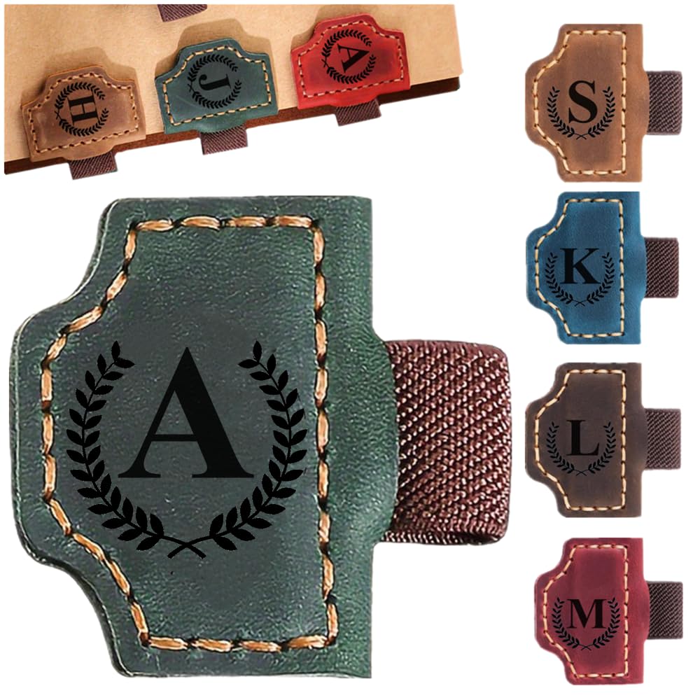 Custom Bookmark with Pen Holder with 26 Letters Personalized Magnetic Leather Book Mark, Customized Name Book Marker Clip with Initial for Men Women, Gifts for Book Lovers, Readers, (Green, A)