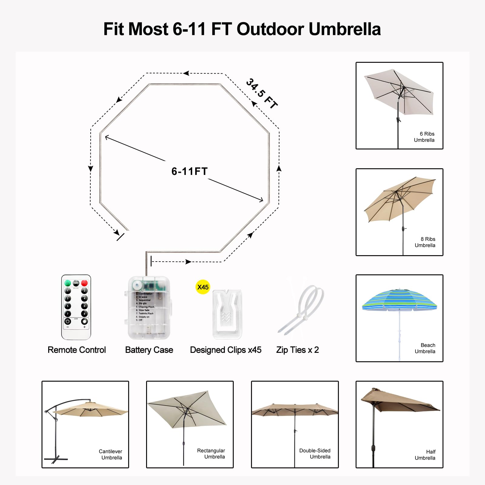 Luces LED inalámbricas para sombrilla de patio con control remoto, funciona con pilas, impermeable, se adapta a decoraciones de paraguas de 6 a 11 pies de diámetro (blanco cálido)