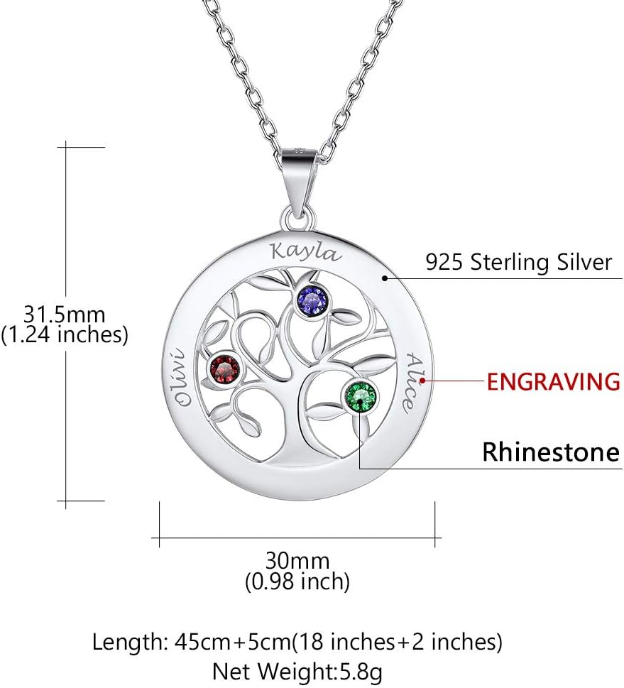 Custom4U Personalized Birthstone Name Necklace - Heart & Round Pendants Sterling Silver & Stainless Steel Family Tree of Life Charm Mother's Day Jewelry Gift for Women Mom Grandma